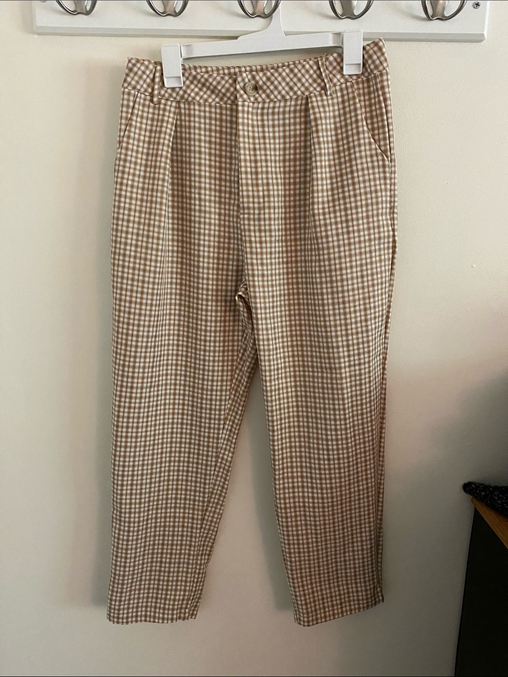 SHEIN Beige Gingham Straight-Leg Pants